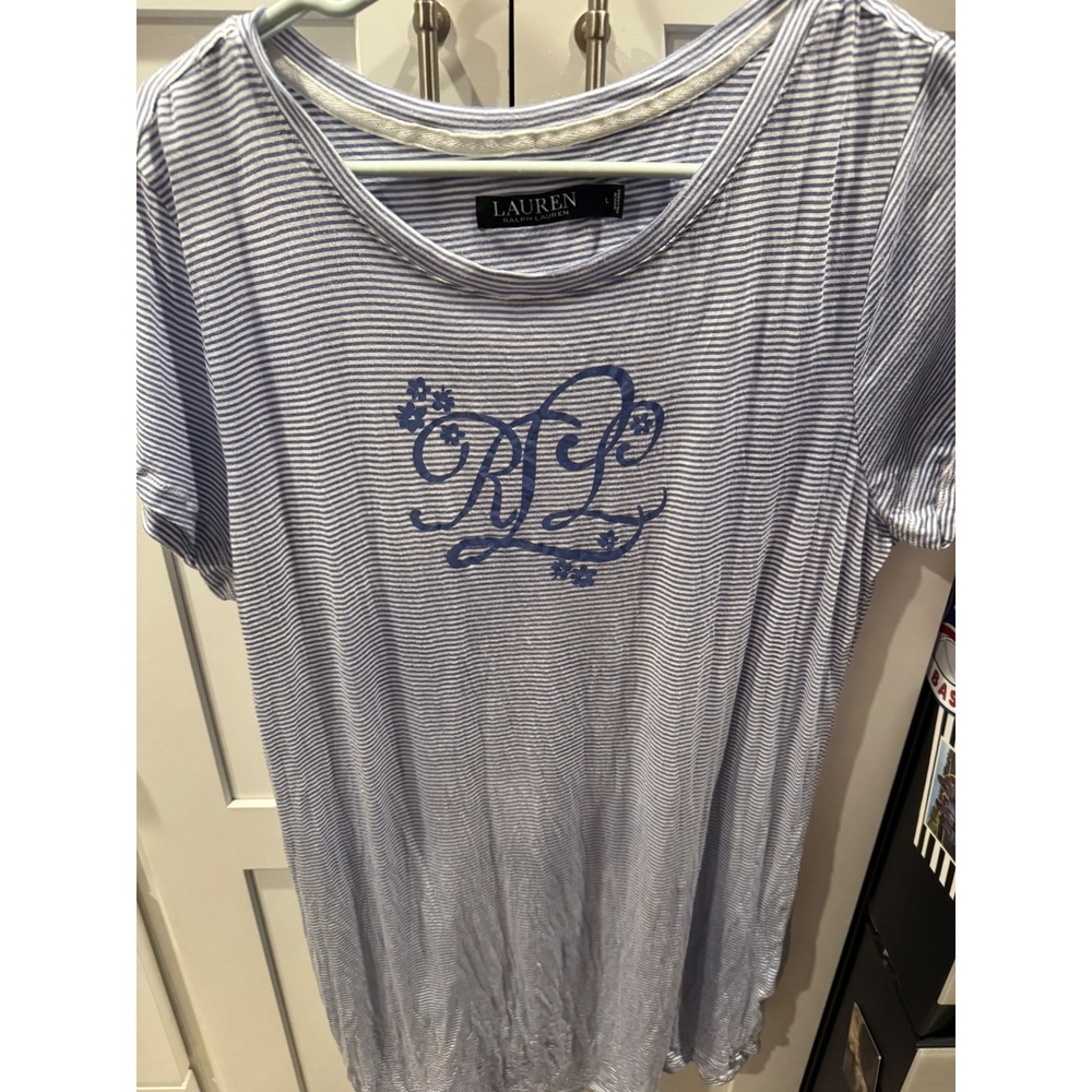 Lauren Ralph Lauren Blue White Striped Monogram Logo Nightgown Sleep Shirt L‎